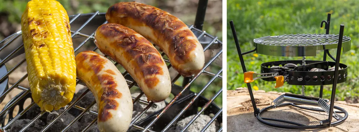 Bratwürste und Mais auf Grill